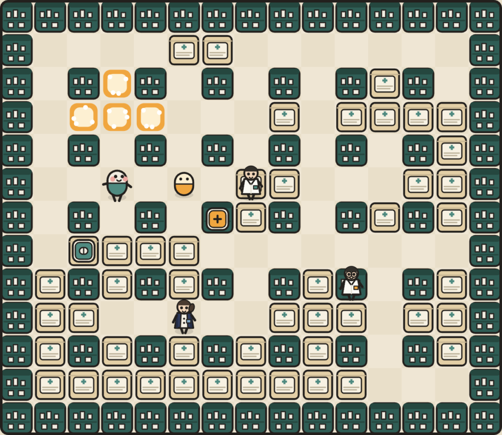 とんぷくがカプセルを置いて薬の箱を吹き飛ばしているゲーム画面