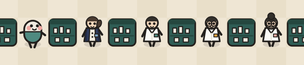 左からとんぷく、調剤事務、新人薬剤師、管理薬剤師、お局が並んでいる